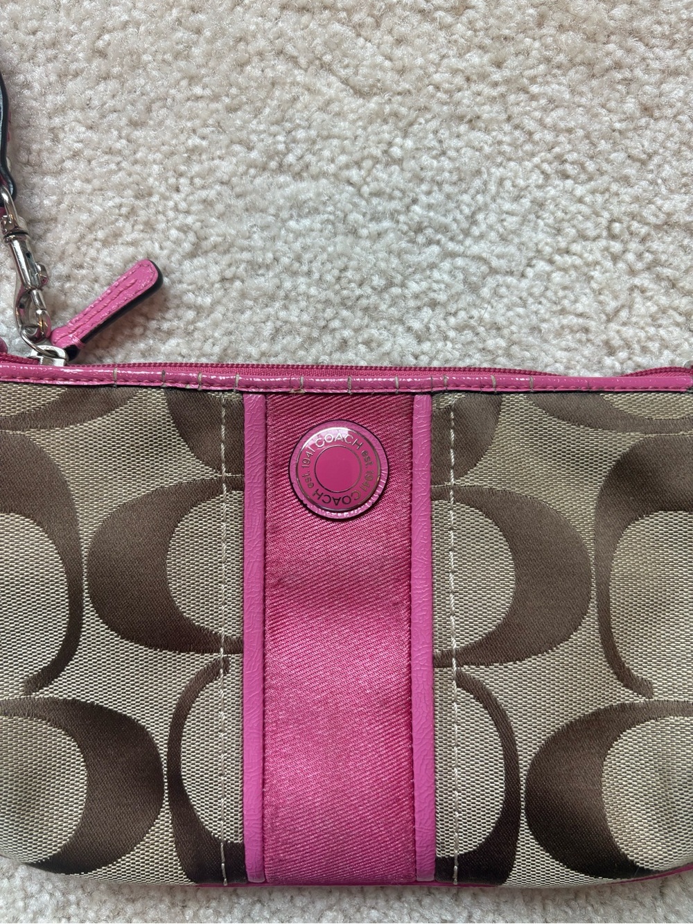 Coach Brown Tan Signature Canvas Wristlet Mini Purse Bag with Pink Trim - Picture 2 of 5